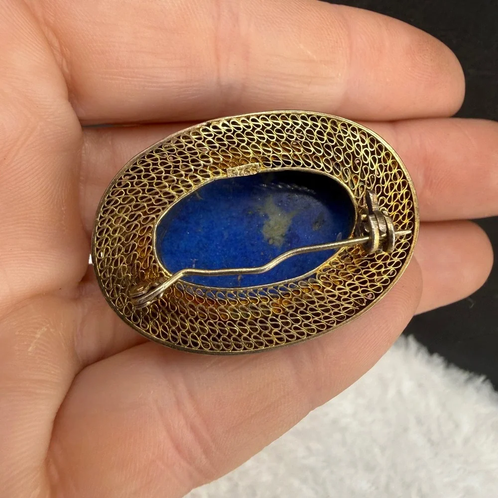 Vintage Chinese Export Enamel Filigree Brooch Blue Sterling Silver 925
